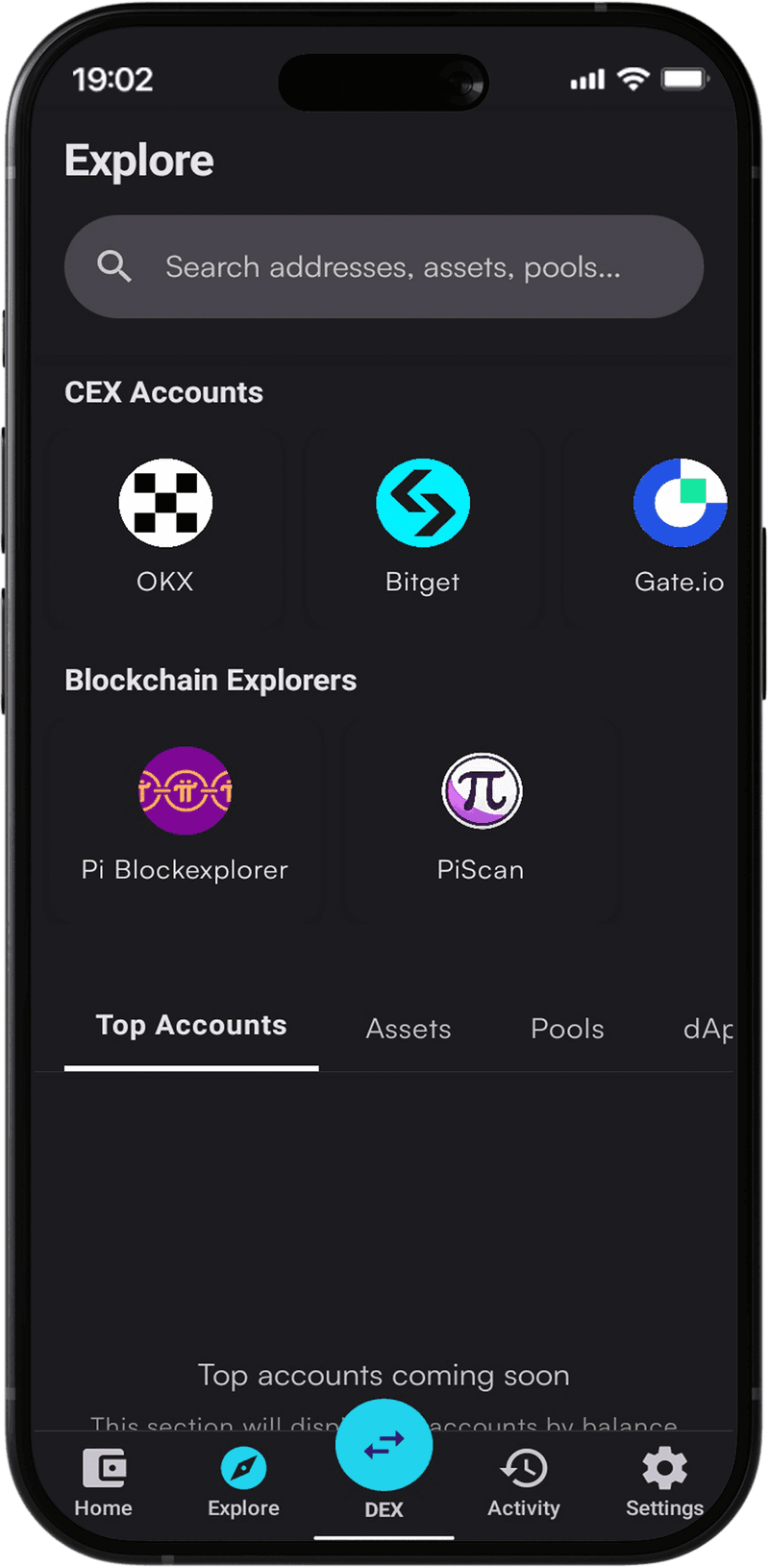 Coixa explore screen for Pi Network assets, accounts, and pools